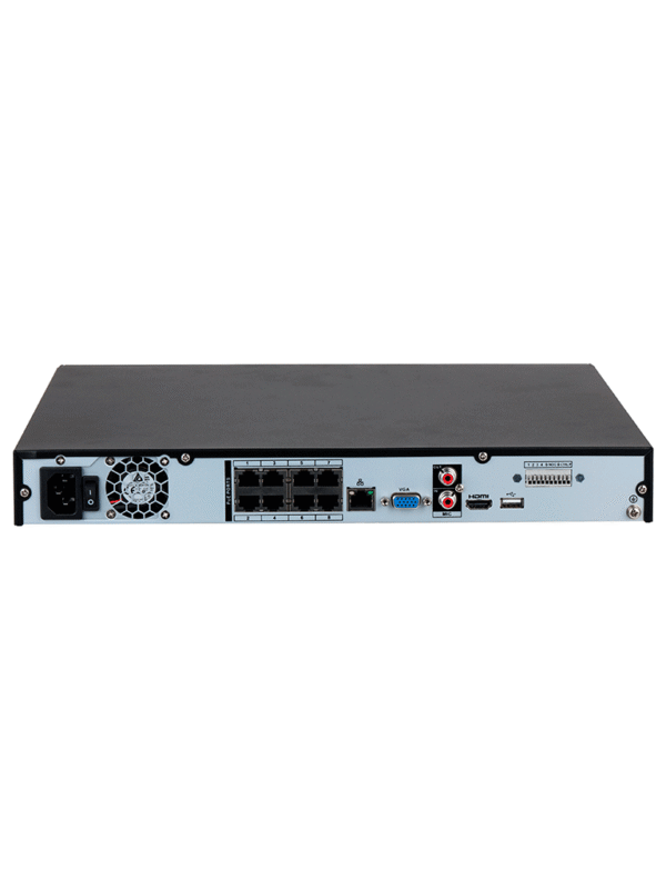 NVR4208-8P-4KS3 NVR de 8 MP/ 4k/ 8 Canales IP/ 8 Puertos PoE/ Rendimiento de 160 Mbps/ H.265+/ 2 Bahías de discos duros / Soporta cámaras WizSense/ HDMI 4k & VGA/ 4 canales SMD Plus/ E&S de Alarma/
