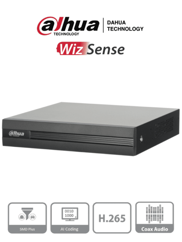 DVR de 4 canales 5MP Lite con WizSense y H.265+. Soporta 4 canales + 2 IP, o hasta 6 canales IP. Con SMD Plus y búsqueda inteligente de humanos y vehículos. 1 puerto SATA de hasta 6TB