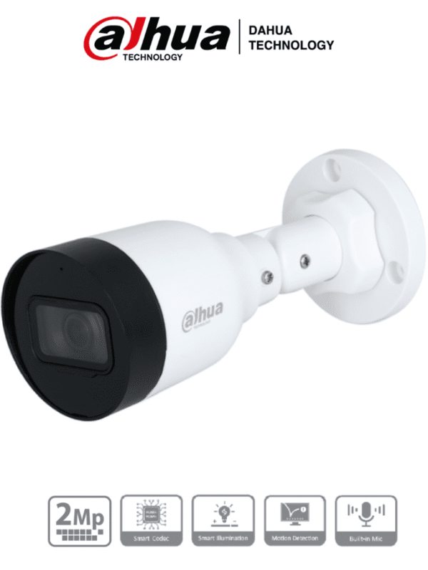 Cámara IP Bullet de 2MP, lente de 2.8mm, ángulo de visión de 102 grados, micrófono integrado, compresión H.265+, IR de 30m, protección IP67, PoE, DWDR.