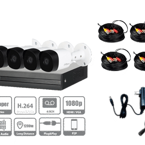 Kit de 4 canales con cámaras B1A11 de 1 MP, lente de 2.8mm y ángulo de visión 93°. Soporta 4 canales más 1 IP o hasta 5 canales IP, tecnología SMD Plus, búsqueda de humanos y vehículos