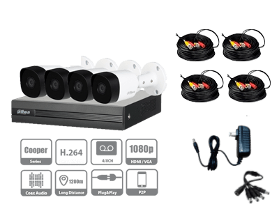 Kit de 4 canales con cámaras B1A11 de 1 MP, lente de 2.8mm y ángulo de visión 93°. Soporta 4 canales más 1 IP o hasta 5 canales IP, tecnología SMD Plus, búsqueda de humanos y vehículos